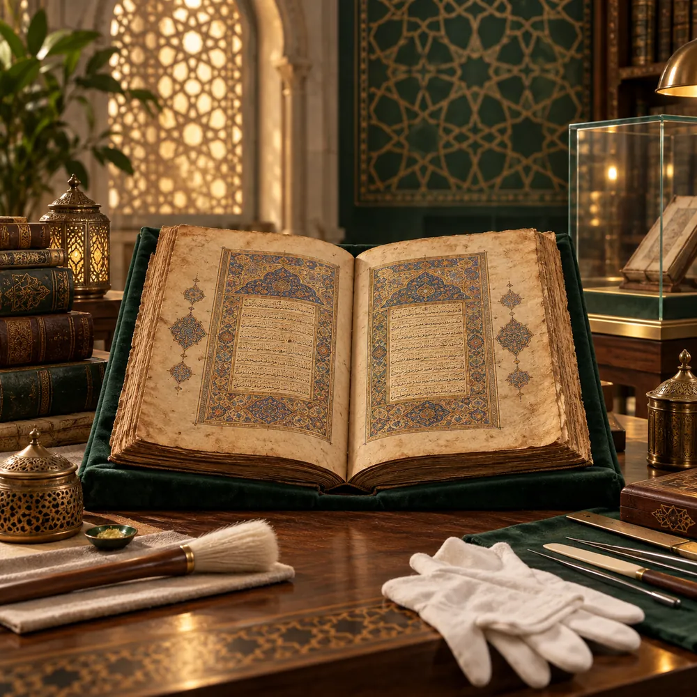 مخطوطة إسلامية مزخرفة مفتوحة على حامل مع أدوات الترميم